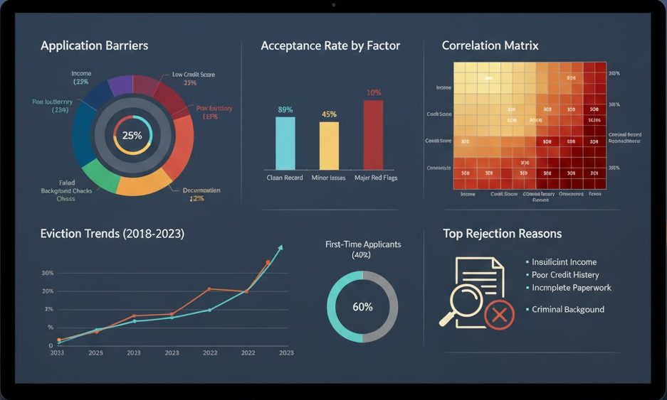 Data visualization illustrating income, credit, eviction history, background checks, and documentation errors