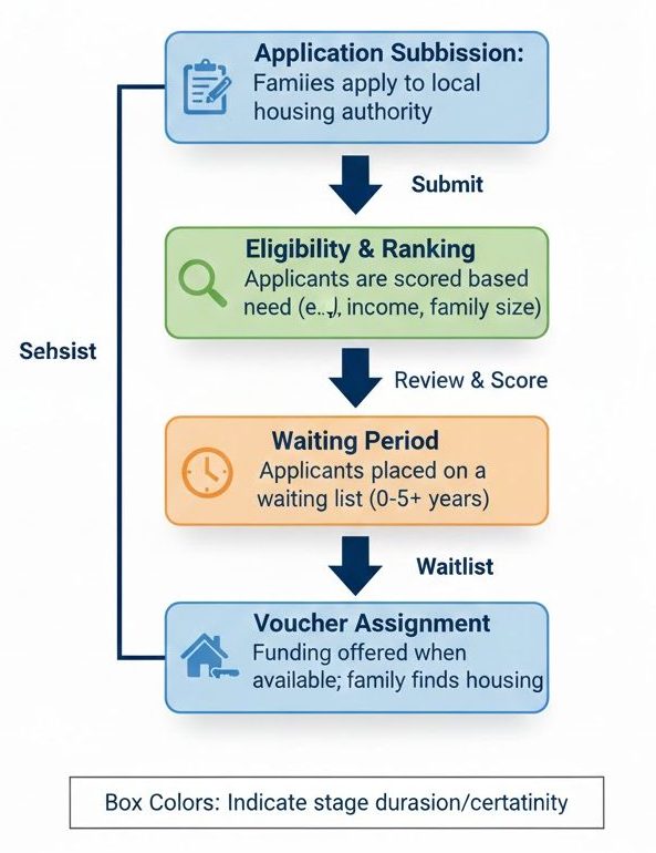 Diagram explaining how housing waitlists operate from application to voucher issuance