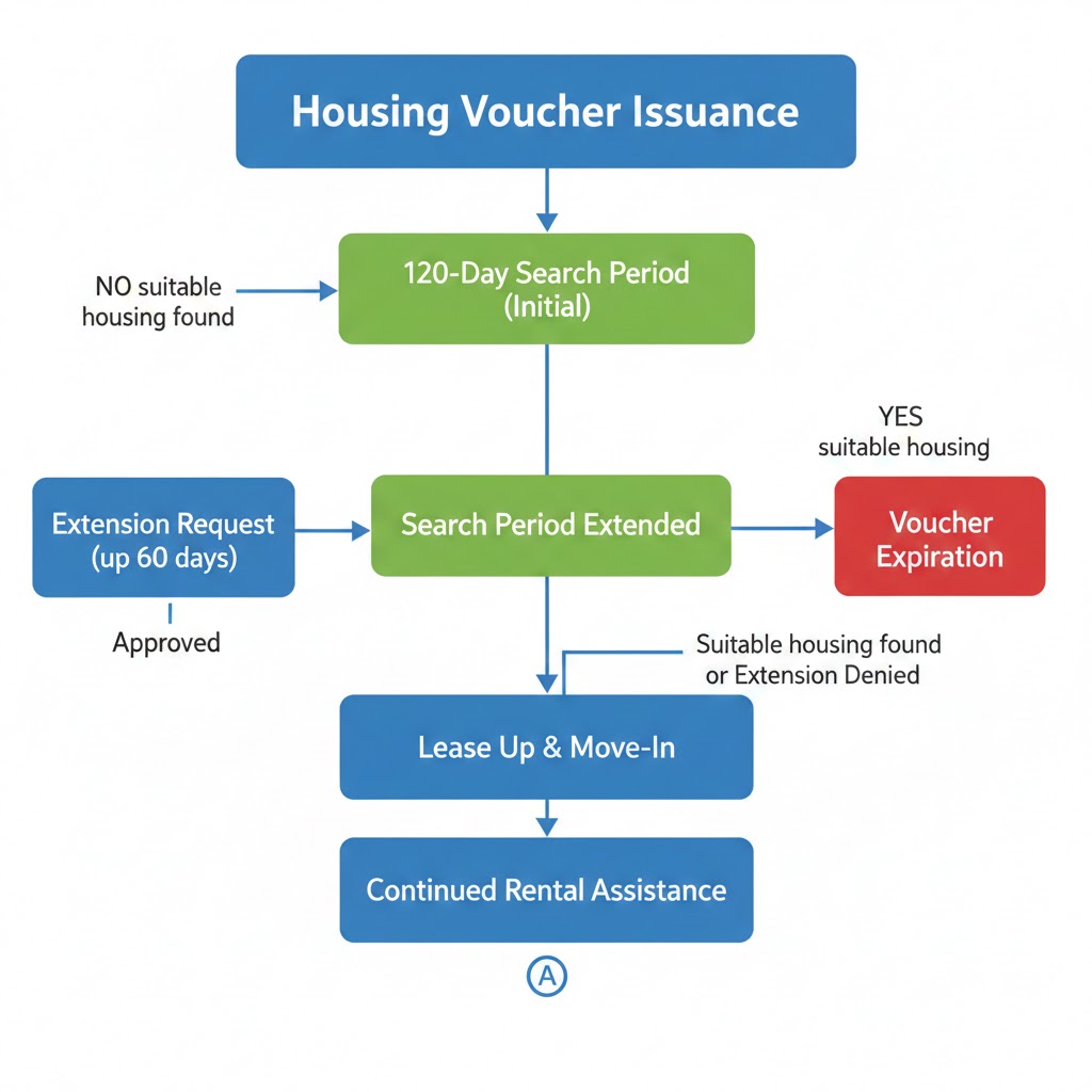Flowchart showing housing voucher issuance, search period, extension request, and expiration outcomes.