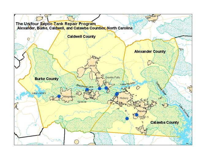 Map highlighting Alexander, Burke, Caldwell, and Catawba counties
