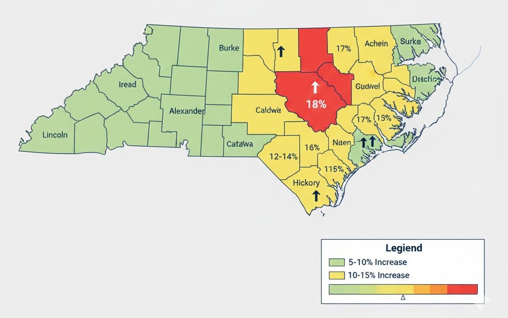 Map highlighting rental cost increases in Hickory and surrounding counties
