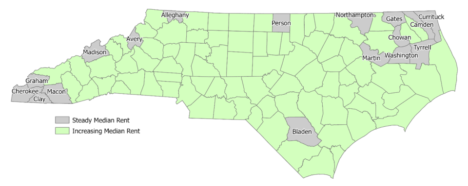 Map highlighting rental markets and vacancy rates in western North Carolina counties