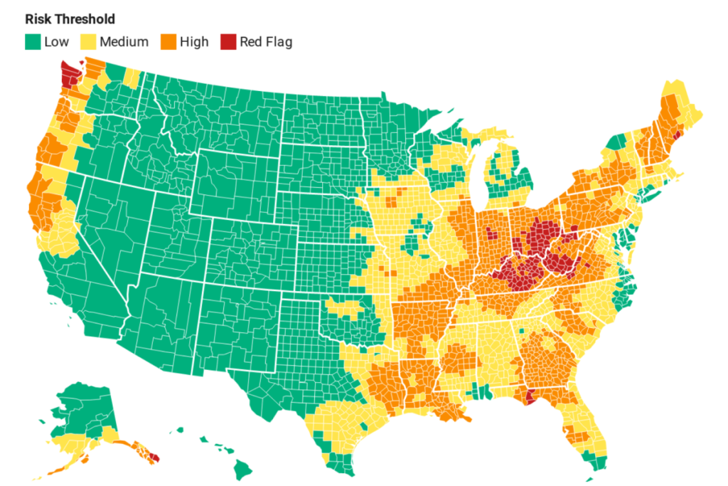 Map showing U.S. regions where renters face increasing climate-related housing disruptions