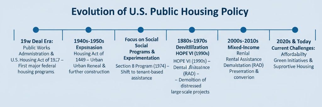 Timeline chart showing the evolution of U.S. public housing policy from the 1930s to today